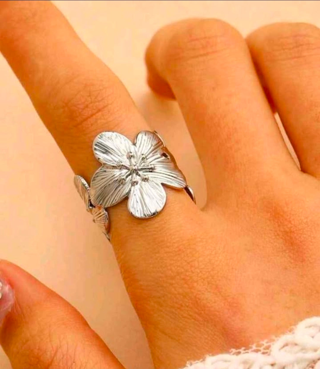 Textured Flower Open Ring