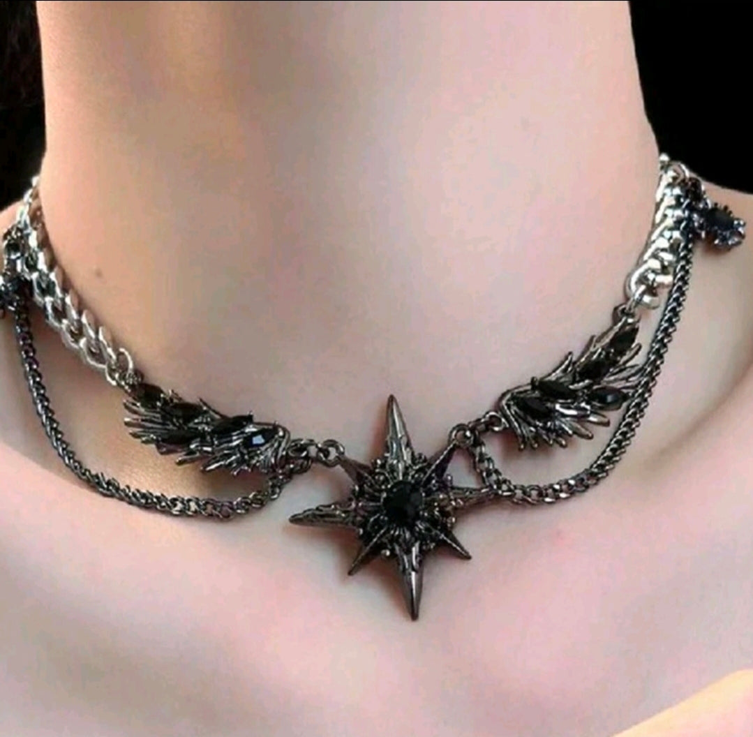 Black Feather Wing & Star Pendant Necklace