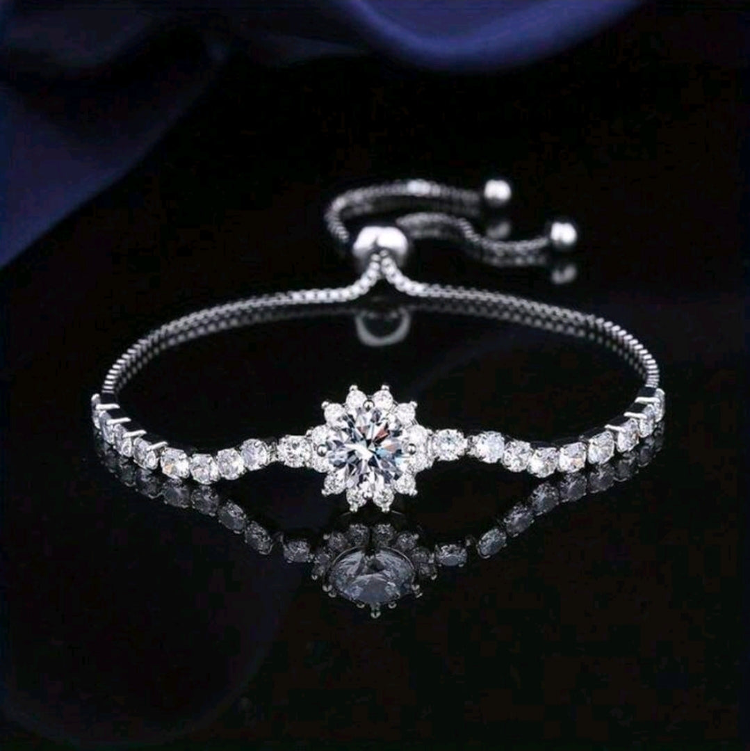 Silvery Rhinestone - Encrusted Flower Bracelet